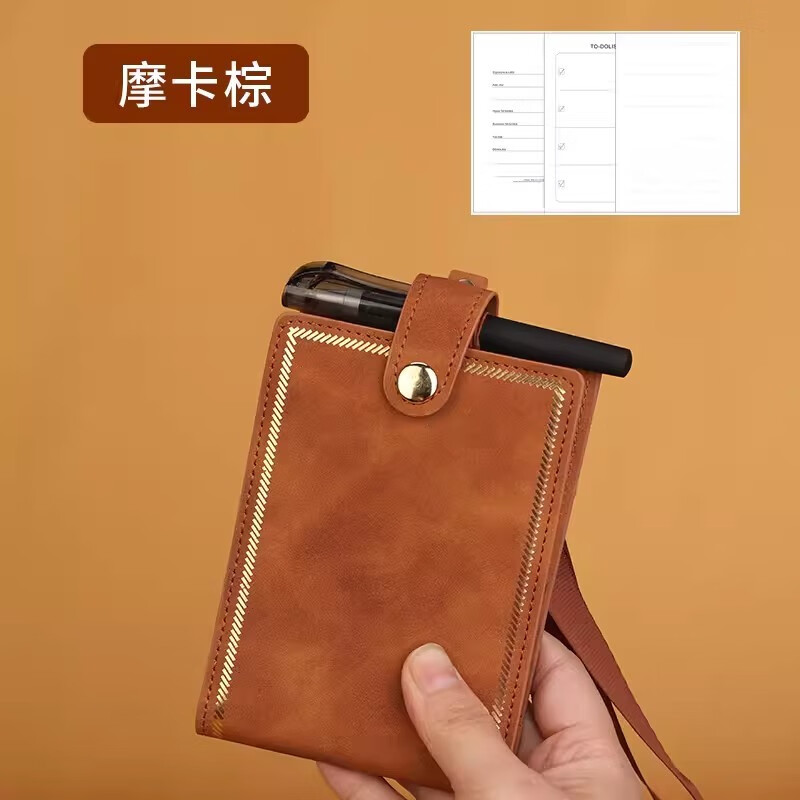 志通达挂脖笔记本记事本小笔记本随身口袋本笔记本便携记事a7备忘录带笔小号记录厚文具日记本 金边挂脖摩卡棕 （含内芯）