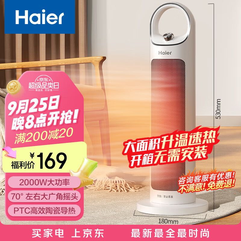 海尔（Haier）取暖器家用暖风机立式电暖器取暖神器电暖风热风机摇头暖风扇大面积节能烤火炉速热电暖气HN2012