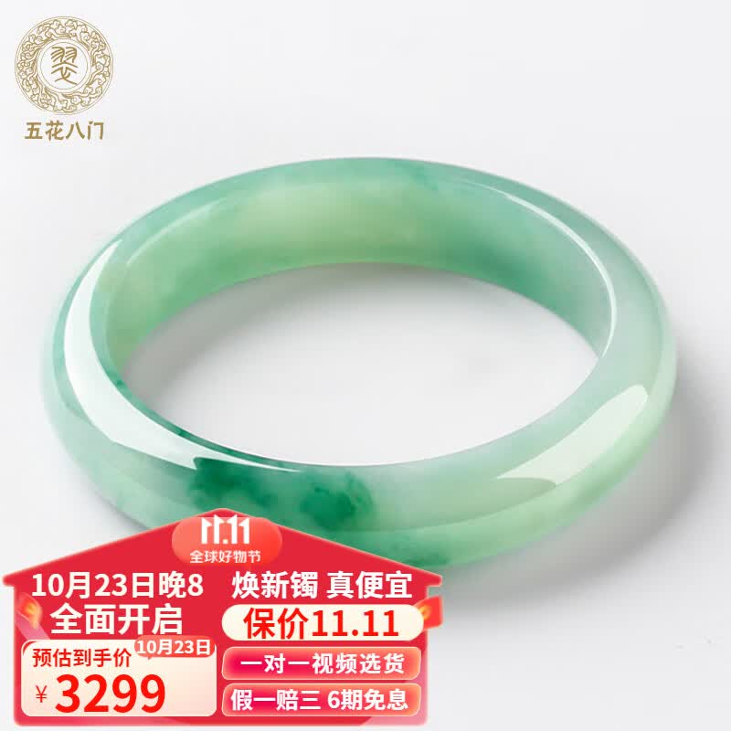 五花八门礼物A11缅甸老坑翡翠手镯女玉镯子糯冰飘花贵妃玉镯天然浅绿属于什么档次？