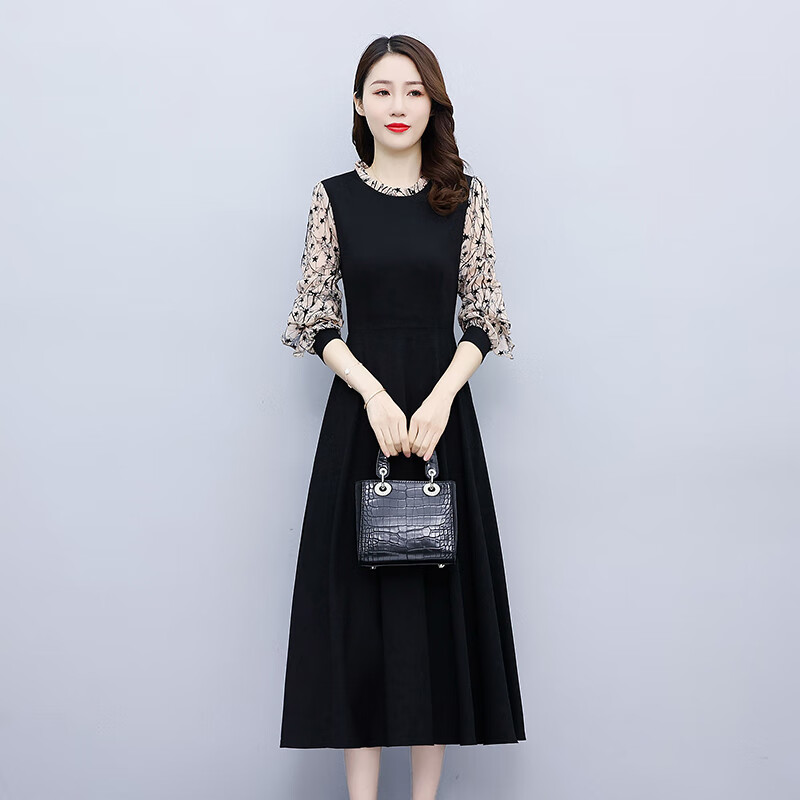 长袖连衣裙洋气质假两件连衣裙女夏秋季长袖休闲中年妈妈高端长裙子