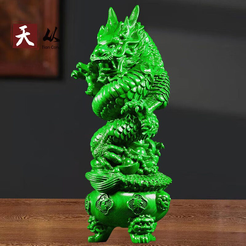 绿色龙摆件实木质盘龙纯木制金龙木雕神龙家居客厅饰品桌面摆件 绿色