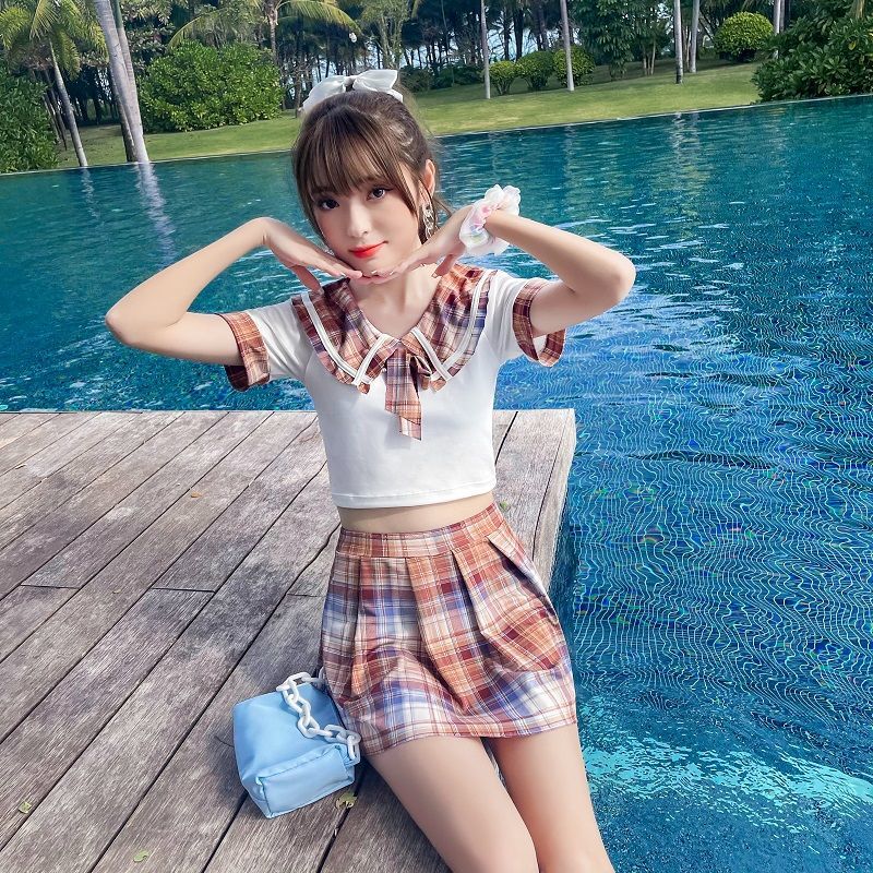 泳衣女夏可爱日系网红新款保守裙子显瘦小胸超仙气泳装 jk制服-绿色 m