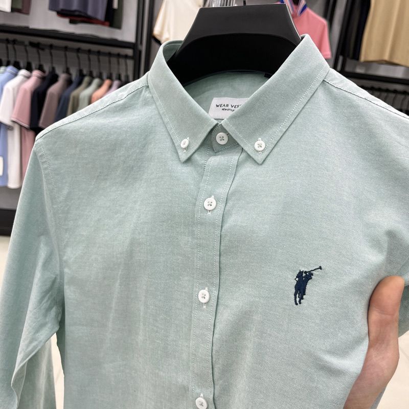 POLO100纯棉纯色长袖男士衬衫春秋刺绣商务休闲牛津纺男工装 天蓝 4XL 建议190-210斤
