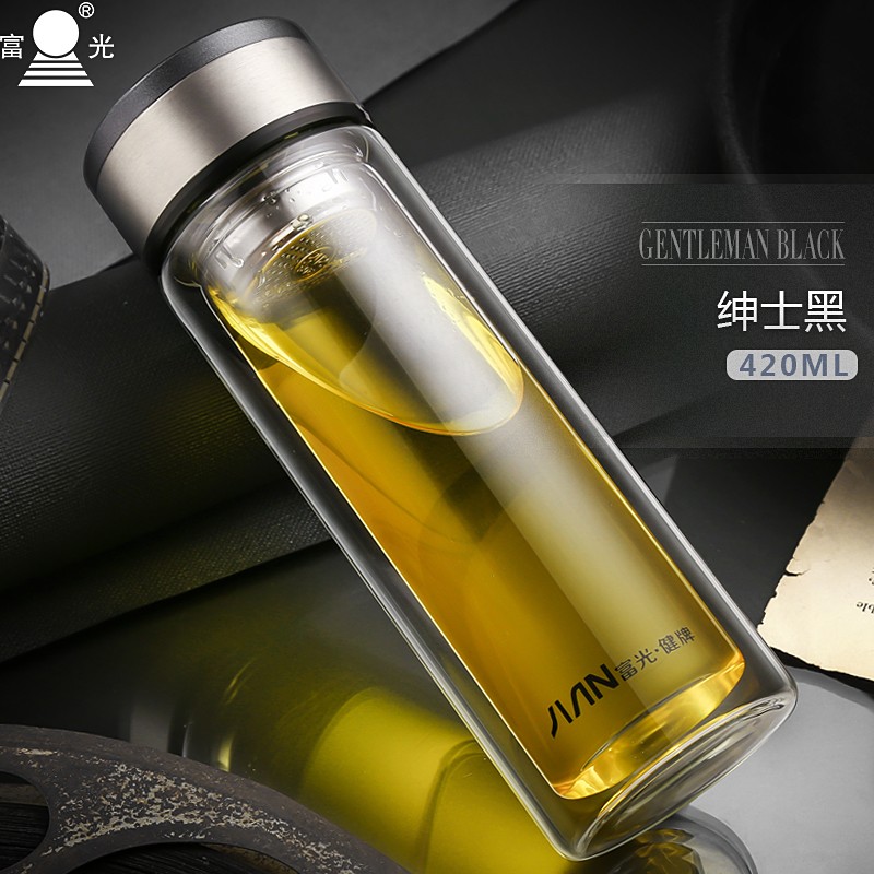富光玻璃杯男双层加厚一体烧制水晶杯底车载隔热防烫水杯子 黑色420