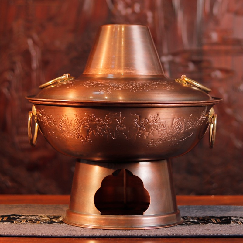 鑫明亮老北京木炭火锅传统老式錾刻铜火锅暖锅涮锅打边炉特厚鸳鸯锅铜