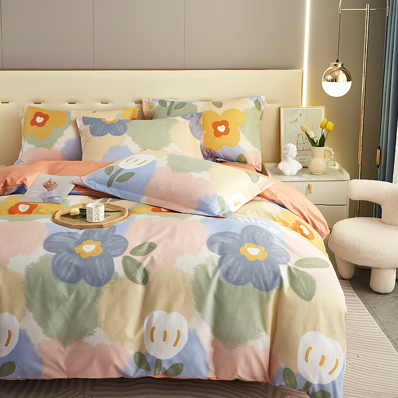 唐纳家纺亲肤棉四件套床上用品套装家用高级感可机洗 亲肤棉四件套-春暖花开 床单款 （被套200*230cm）