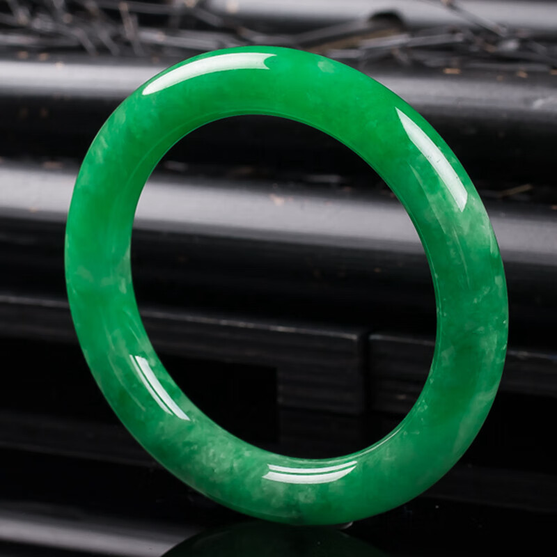 黛莱妮缅甸老坑帝王绿翡翠手镯冰糯种满绿圆条手镯女细款宽6-8mm 内径
