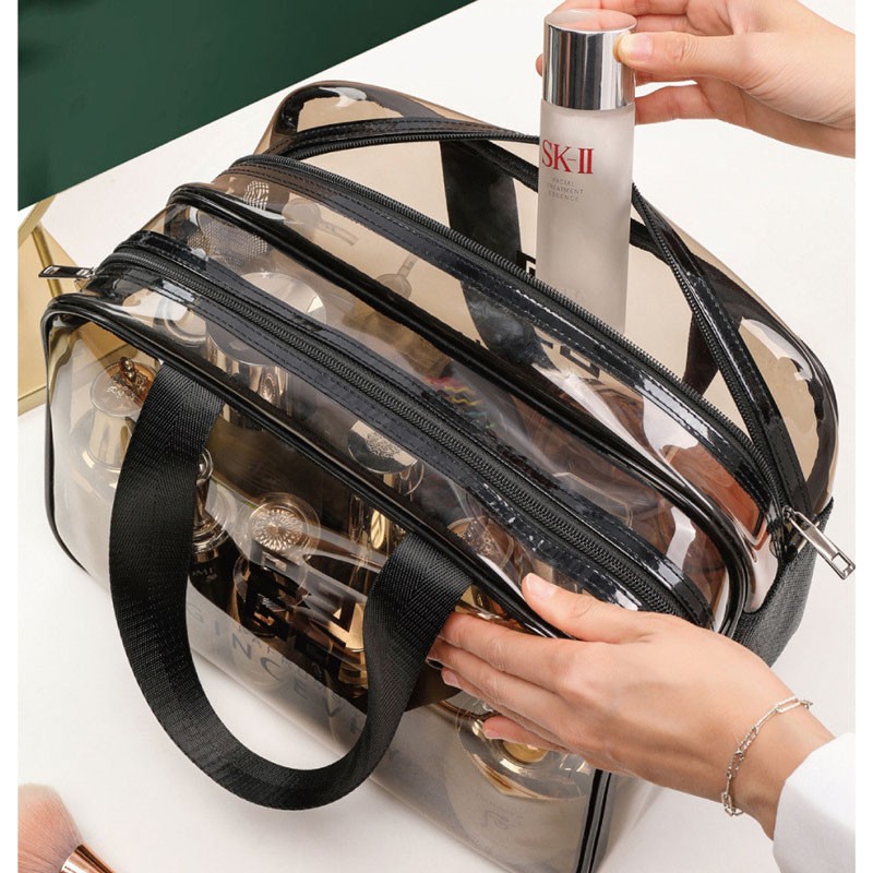 米德恩 透明化妆包防水干湿分离双层大容量便携洗漱包旅行健身洗澡收纳包 双层灰色大号