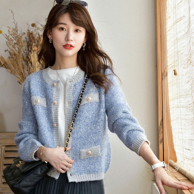 晗沫美衣 针织衫外套女2022秋冬小香风优雅针织开衫女气质亮丝开衫