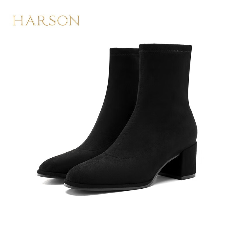 哈森冬季弹力靴女保暖气质圆头粗跟套脚瘦瘦靴女靴HWA230202 黑色 34