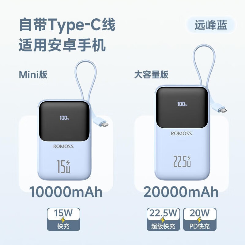 罗马仕充电宝20000毫安时自带线升级款移动电源22.5W超级快充兼容PD20W适用于苹果华为小米 【升级款】远峰蓝（Type-C自带线） 【Mini版小奶方】1WF属于什么档次？