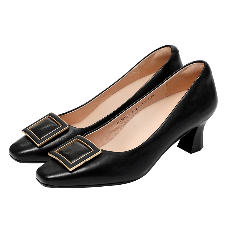 江博士健康女鞋秋季新款粗跟方頭職業(yè)面試單鞋百搭高跟鞋小皮鞋W3001191 黑色 35