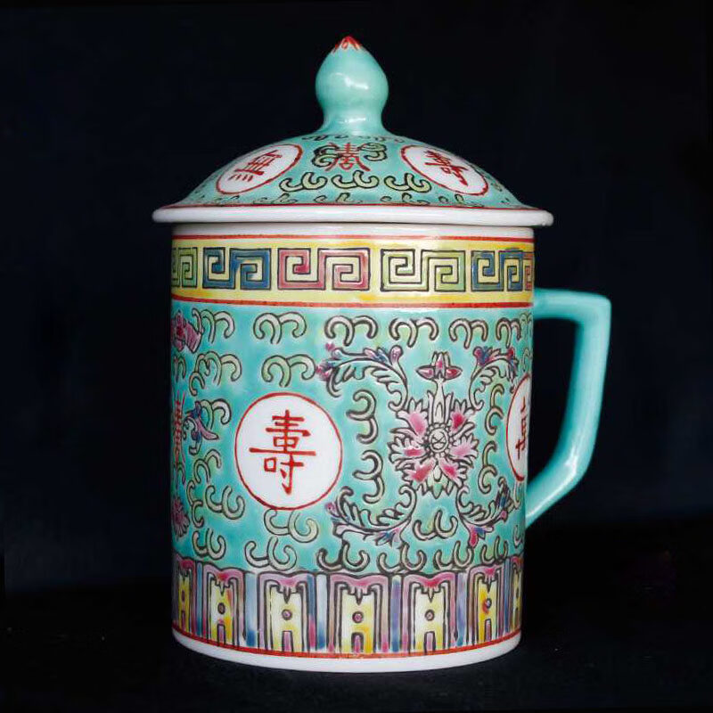 万寿无疆茶杯 景德镇十大瓷厂老厂货陶瓷手绘粉彩万寿无疆直筒 翠绿色