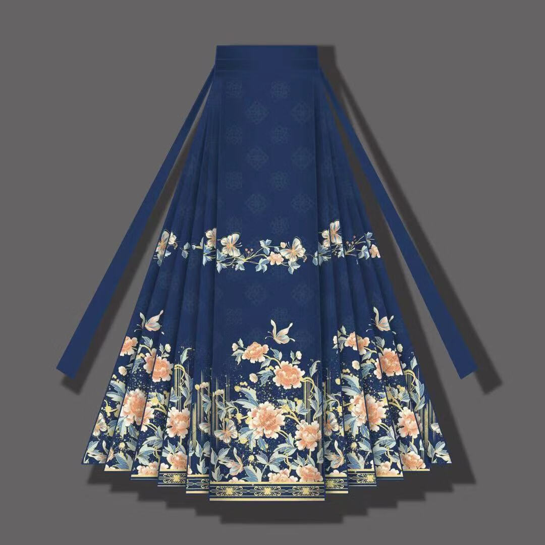 个子150国风中式春季女装马面2024改良明制汉服80 成人款特制蓝色裙长