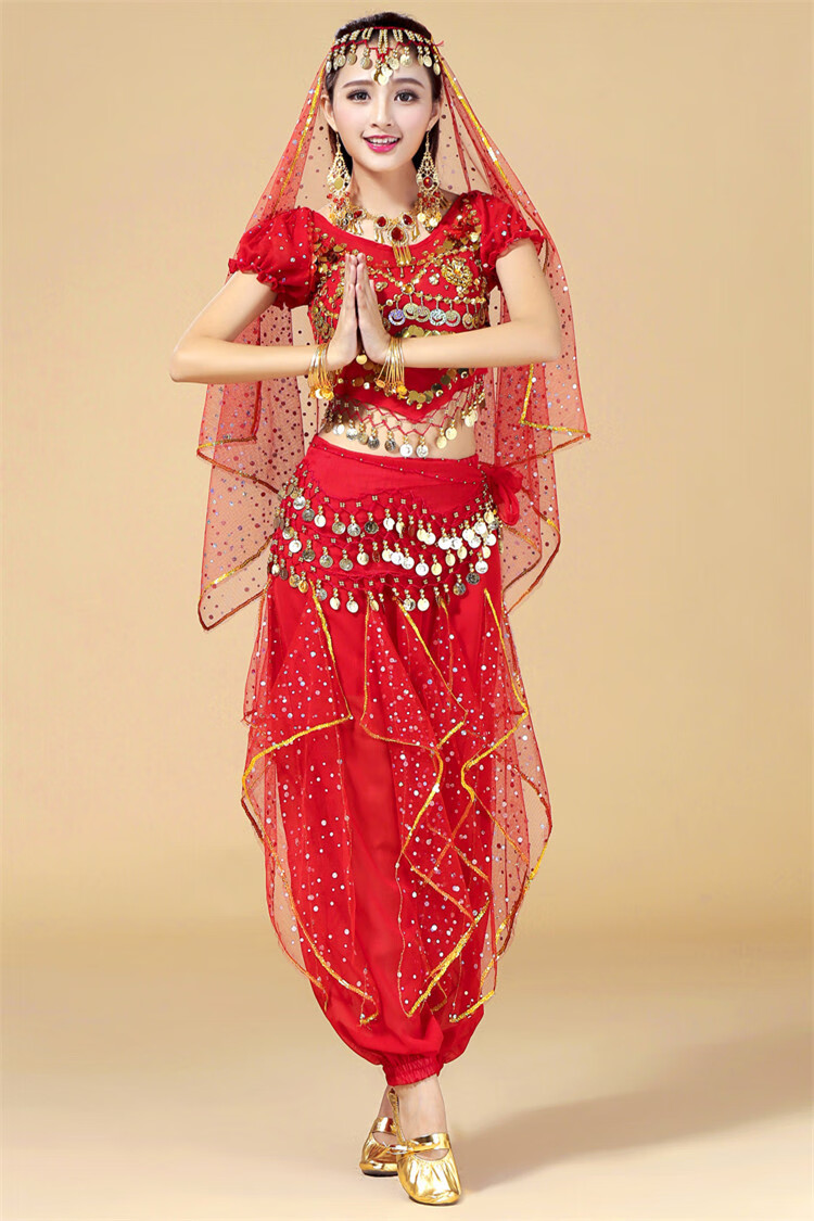oemg天竺少女舞蹈服印度舞蹈演出服成人肚皮舞服装新款短袖套装 红色