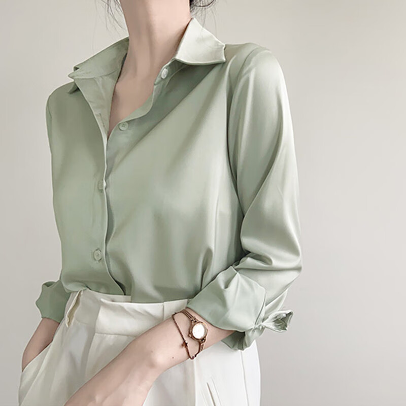 雷黛茜感绿色缎面职业衬衫女通勤衬衣设计感小众上衣百搭春秋款新款 6038# 浅灰绿 S