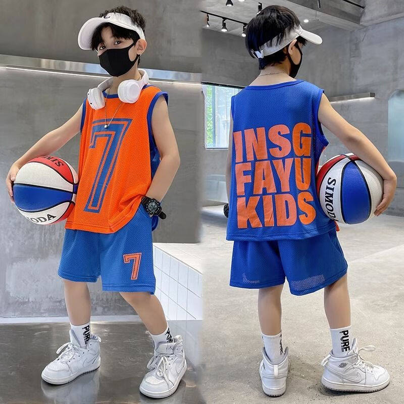 迪士尼儿童装男童夏装男孩篮球服速干套装短袖夏季中大童男装运动足球服 蓝色 套装 160