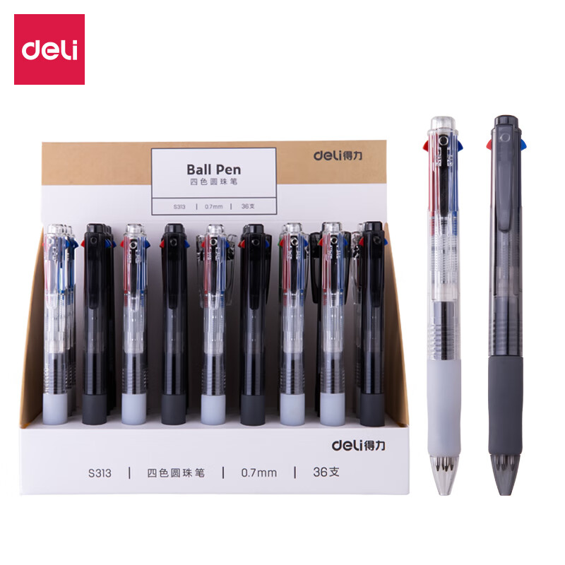 得力（deli）S313圆珠笔4色按动式中油笔多功能0.7mm原子笔办公用品 36支/盒