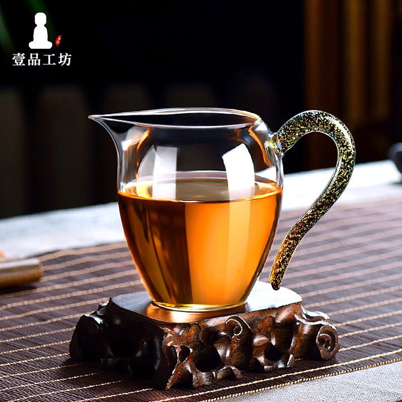 一品工坊台湾纯手工吹制星彩公道杯玻璃耐热公杯分茶器茶海茶具茶道配件 玄金把