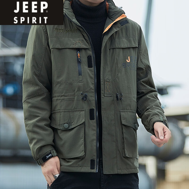 JEEP SPIRIT冬季加绒加厚多口袋工装棉衣男士大码宽松户外登山外套保暖冲锋衣 军绿色 L
