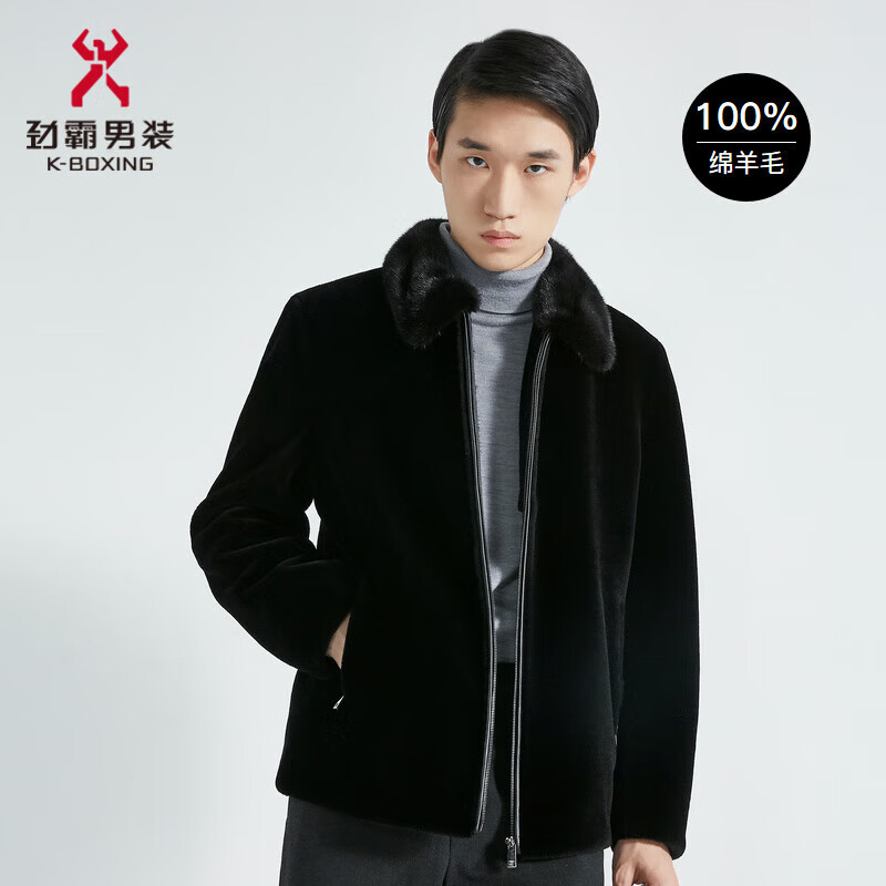 劲霸男装 k-boxing 皮草服男商务休闲水貂翻领茄克简约拉链款皮草服