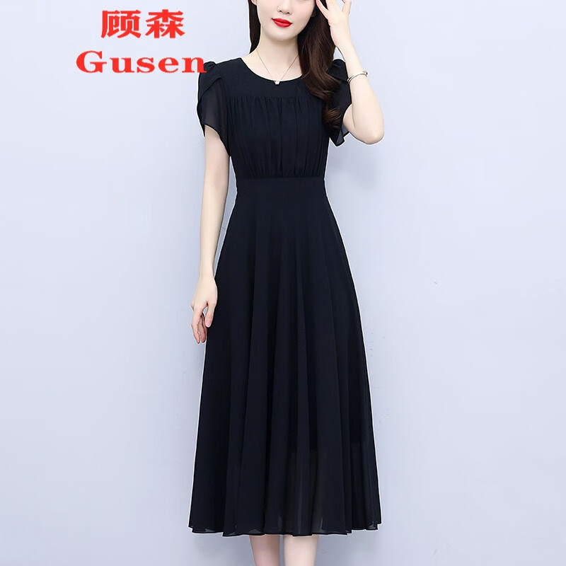 顾森（Gusen）黑色雪纺连衣裙女2024年新款夏季轻熟风薄款中长款大摆裙子 黑色 L