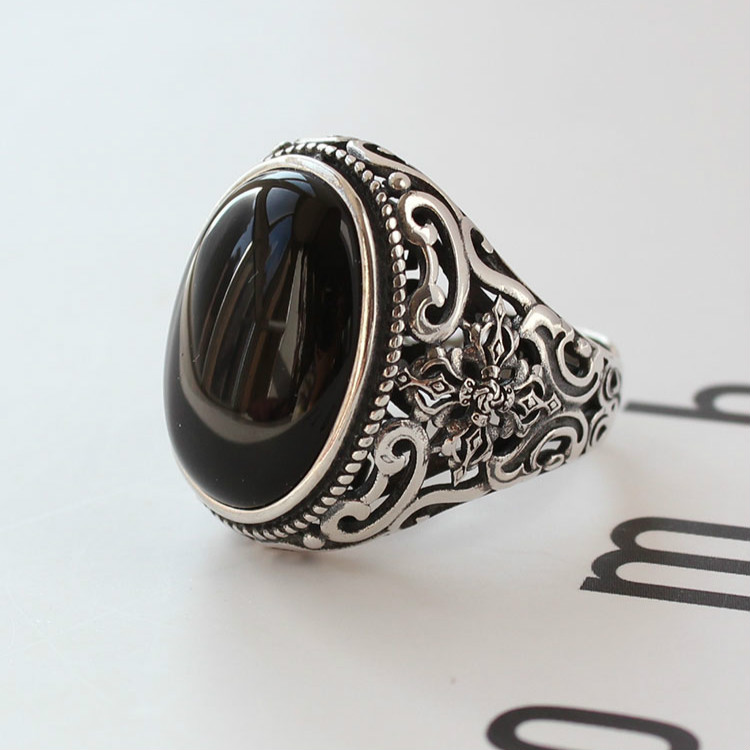 黑玛瑙戒指 s925银个性潮款宽版开口指环夸张时尚sn3503 建议佩戴号码