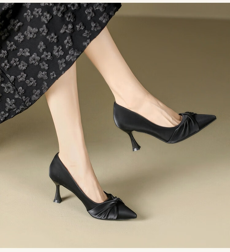 啄木鸟米白色高跟鞋女细跟 法式5厘米小跟不累脚尖头18岁成人礼软皮单