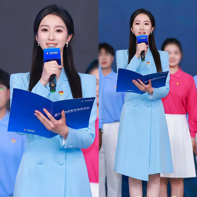 希柏诗艺考女生播音主持西装蓝色人礼服女正装连衣裙演讲比赛服装上