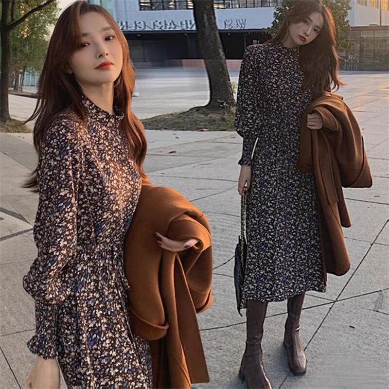 冬天穿的连衣裙加绒加厚洋气质连身裙雪纺碎花秋冬法式 咖色常规款 s