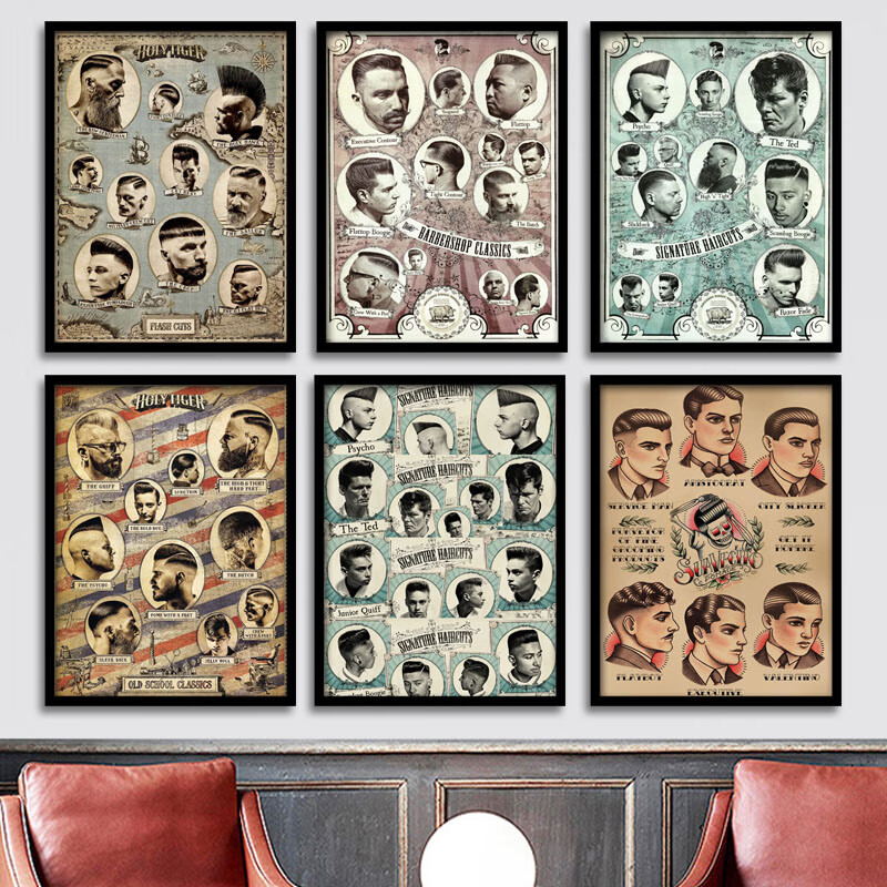 美式海报 复古男士发型图片油头理发店装饰画美发店壁画barbersho 23*