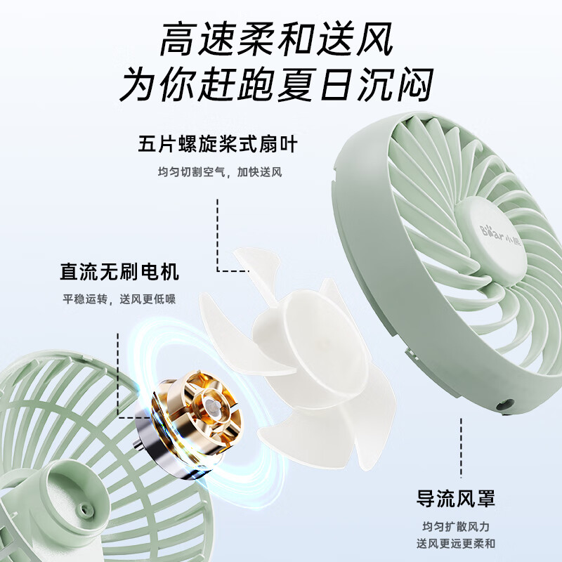 小熊（Bear）小风扇桌面 迷你小风扇办公室宿舍学生小型风扇USB充电轻音运行大风力小巧便携式送女友手持电风扇 【无线续航 自动摇头】清新绿 DFS-C09L8