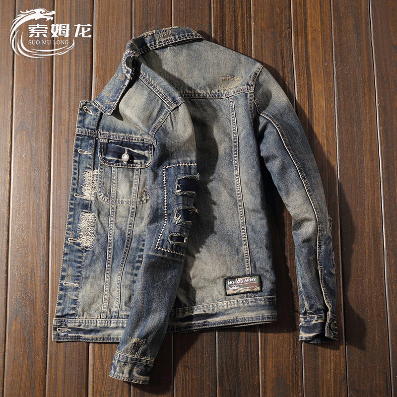 西部牛仔骑行服夏季索姆龙外套男欧美街头个性破洞补丁绣线装饰夹克