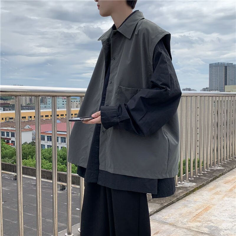 凤桐花男无袖衬衣马甲坎肩痞帅潮流港风嘻哈日系炸街夏季百搭潮外套