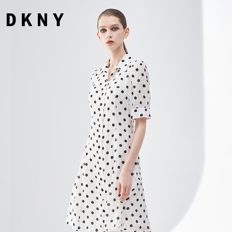 DKNY2021夏季新款白底黑点翻领灯笼袖收腰A字中长款衬衫连衣裙DD1CD079奢侈品女装 白色 S
