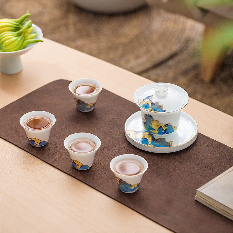 收藏天下 景德镇 陶瓷 文创 新国潮系列 锦绣山河茶具套装 1盖碗4杯 茶器 茶器套装 功夫茶具