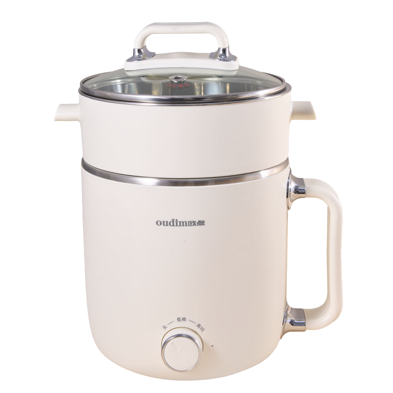 欧点多功能电煮锅食品级304钢家用电火锅宿舍煮面锅学生电热锅1-2人304钢小电锅蒸笼炖蒸煮一体电蒸锅 1.8L 【米白|304钢|带蒸笼】