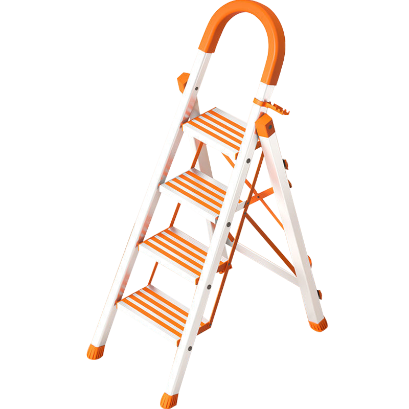 舒客艺家 梯子家用折叠梯不锈钢人字梯加厚铝合金宽踏板多功能工程梯 铝合金四步梯-橘防滑