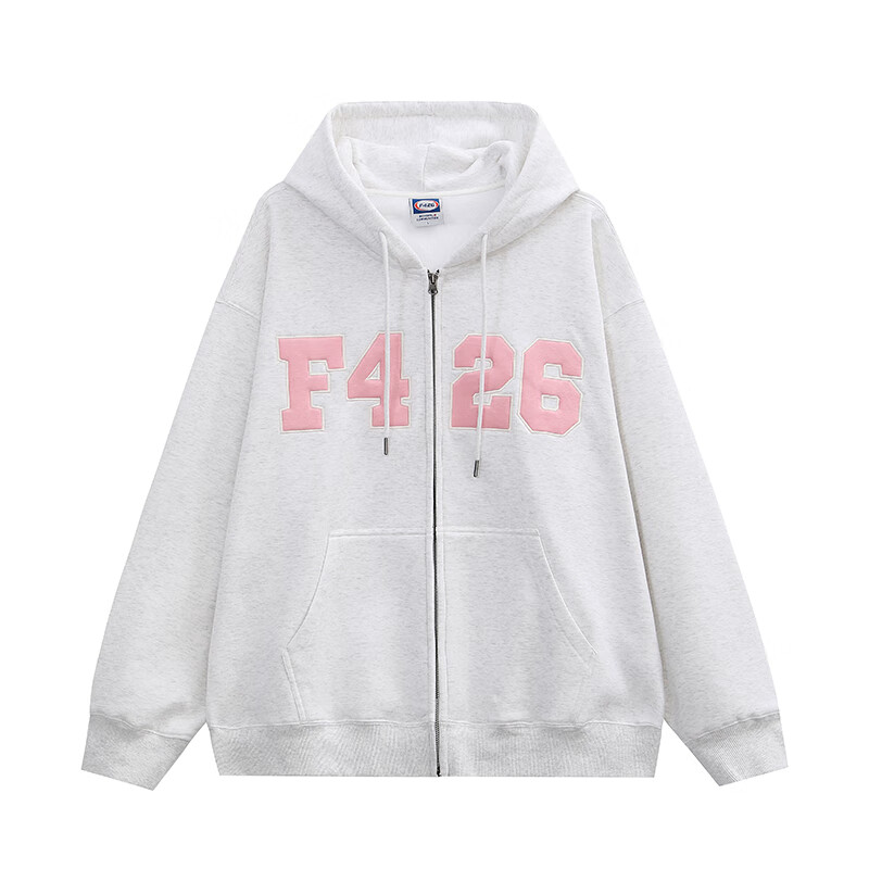 F426国潮牌美式嘻哈宽松大LOGO贴开衫卫衣外套 浅花灰  加绒 S