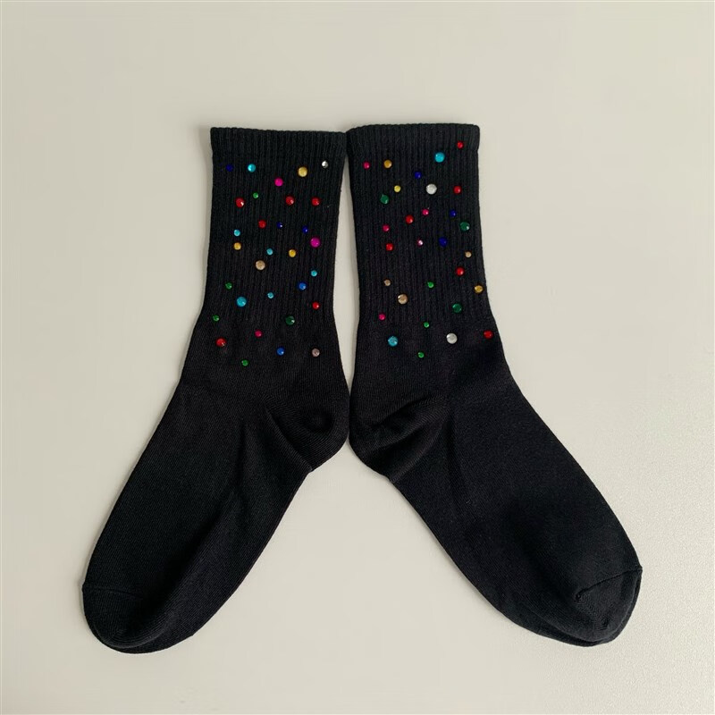 chiutse日本韩国女士品牌夏纯棉袜子中筒带钻抗起球个性创意黑白长筒