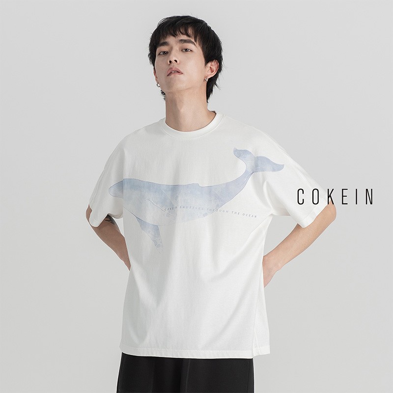 COKEIN夏季鲸鱼图案印花宽松版青春圆领休闲动物男女同款短袖T恤 白色 S(165)