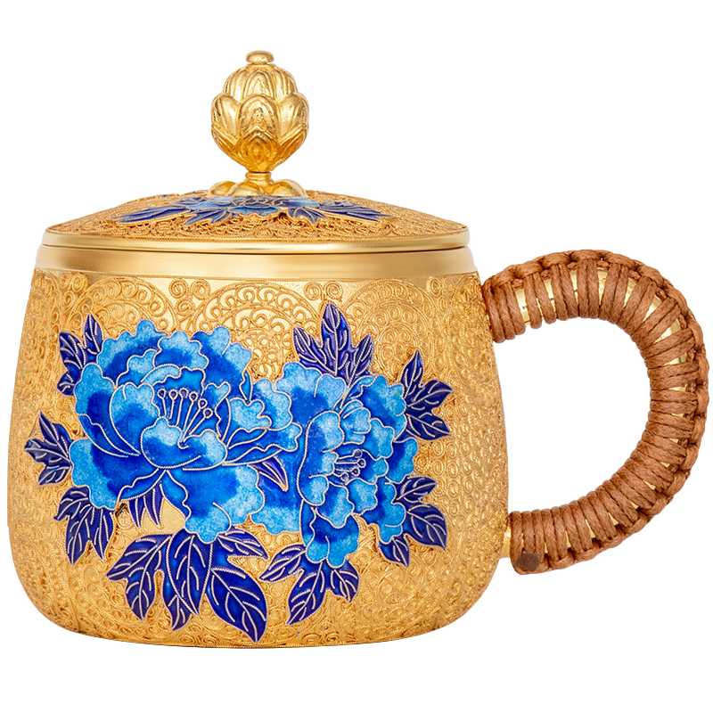 銀器時(shí)代 銀茶杯純銀999茶缸杯純手工點(diǎn)藍(lán)鍍金景泰藍(lán)掐絲琺瑯彩銀水杯子 360克足銀999+證書 350ml
