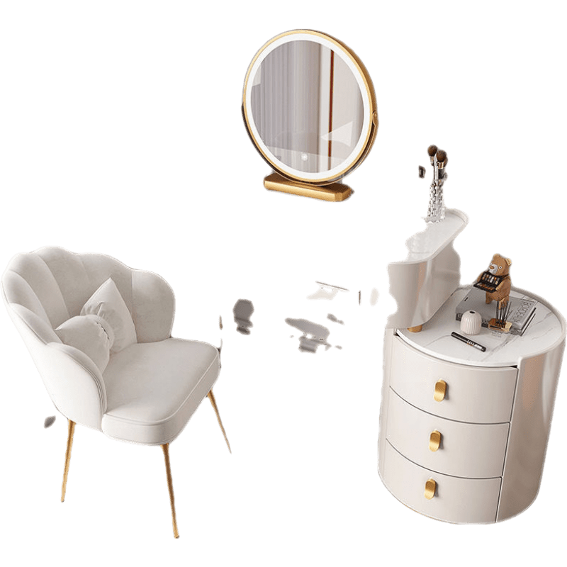 千番町 全实木轻奢岩板梳妆台卧室现代简约化妆台2022年新款小户型化妆桌 全实木白岩板100桌+柜+镜+花瓣椅