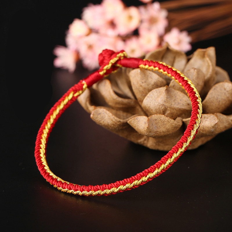 手工编织简约小清新手绳桃花转运红绳情侣手链本命年手绳 红金色