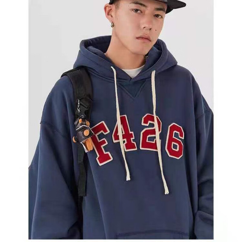 银狐绒】冬情侣嘻哈卫衣连帽刺绣宽松套头休闲连帽卫衣学 藏青色加绒