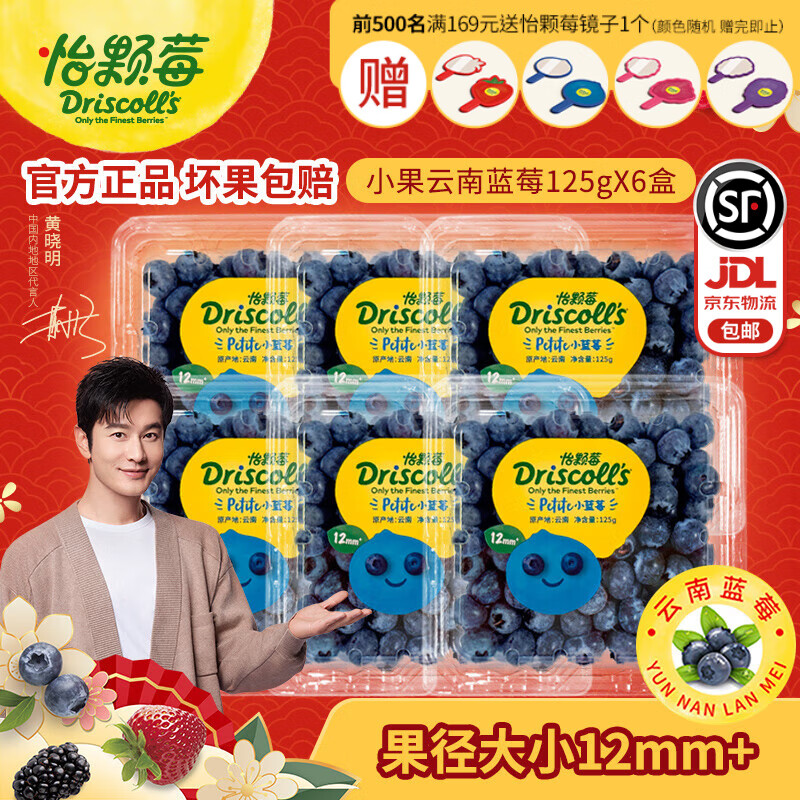 怡颗莓【脆嫩爆汁】当季云南蓝莓 国产蓝莓 新鲜水果 蓝莓小果125g*6盒
