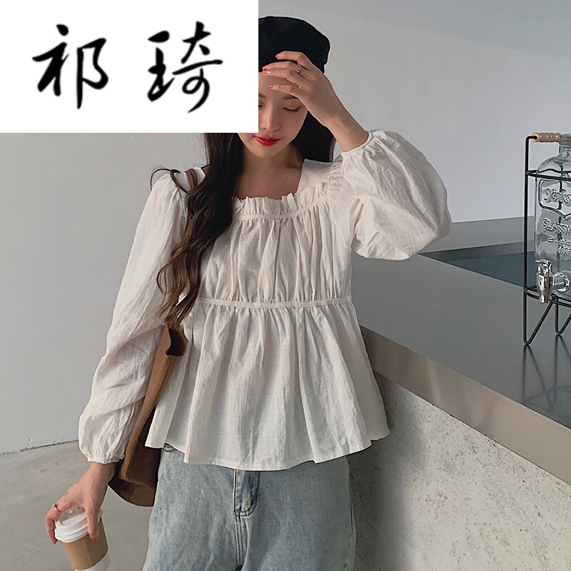 祁琦荷叶边下摆女式上衣衬衫女秋遮肚显百搭方领设计感衬衣 白色 m