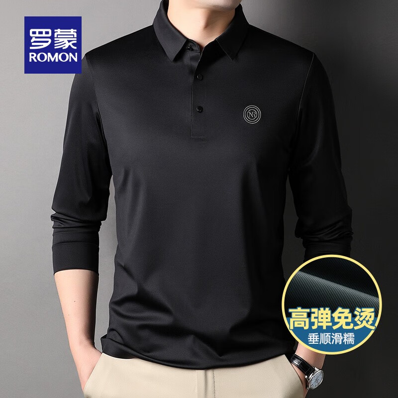 罗蒙(ROMON)高弹长袖t恤男2026春夏新款时尚翻领休闲纯色刺绣胸标男士T恤 1035黑色 170