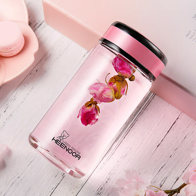 希诺玻璃杯女士水杯女生单层加厚办公茶杯女神范便携小巧迷你杯子带盖