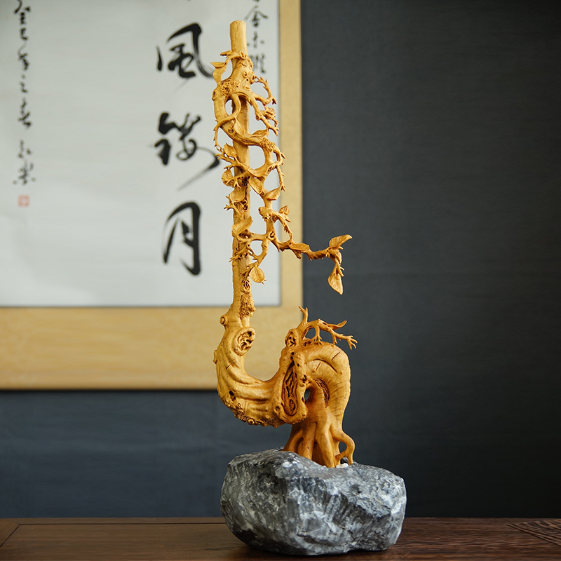 木雕小叶黄杨木雕摆件新中式居家饰品纯手工收藏雕刻工艺盆景枯木逢春